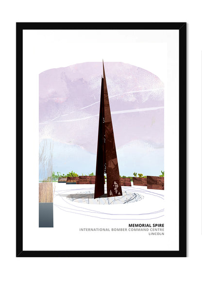 Bomber Command art print by Vicki Shortt, the memorial spire at the International Bomber Command Centre, Lincoln, in a black frame
