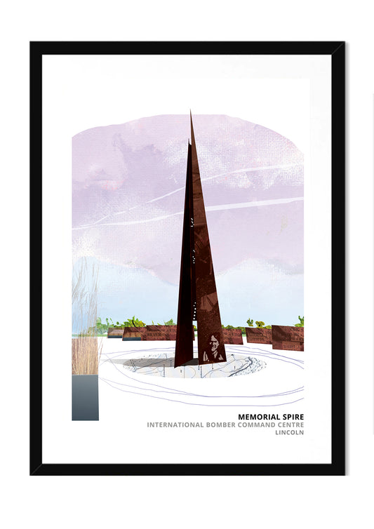 Bomber Command art print by Vicki Shortt, the memorial spire at the International Bomber Command Centre, Lincoln, in a black frame