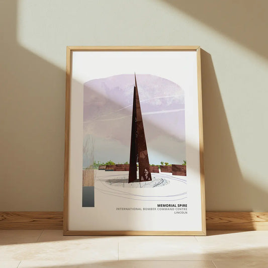 Bomber Command art print by Vicki Shortt, the memorial spire at the International Bomber Command Centre, Lincoln, framed in a room setting