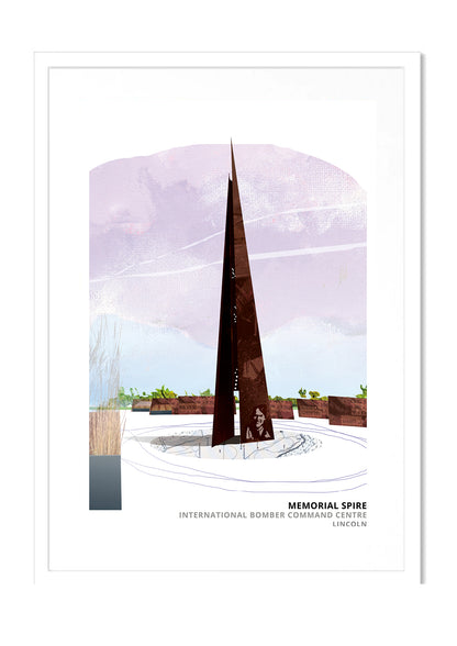 Bomber Command art print by Vicki Shortt, the memorial spire at the International Bomber Command Centre, Lincoln, in a white frame
