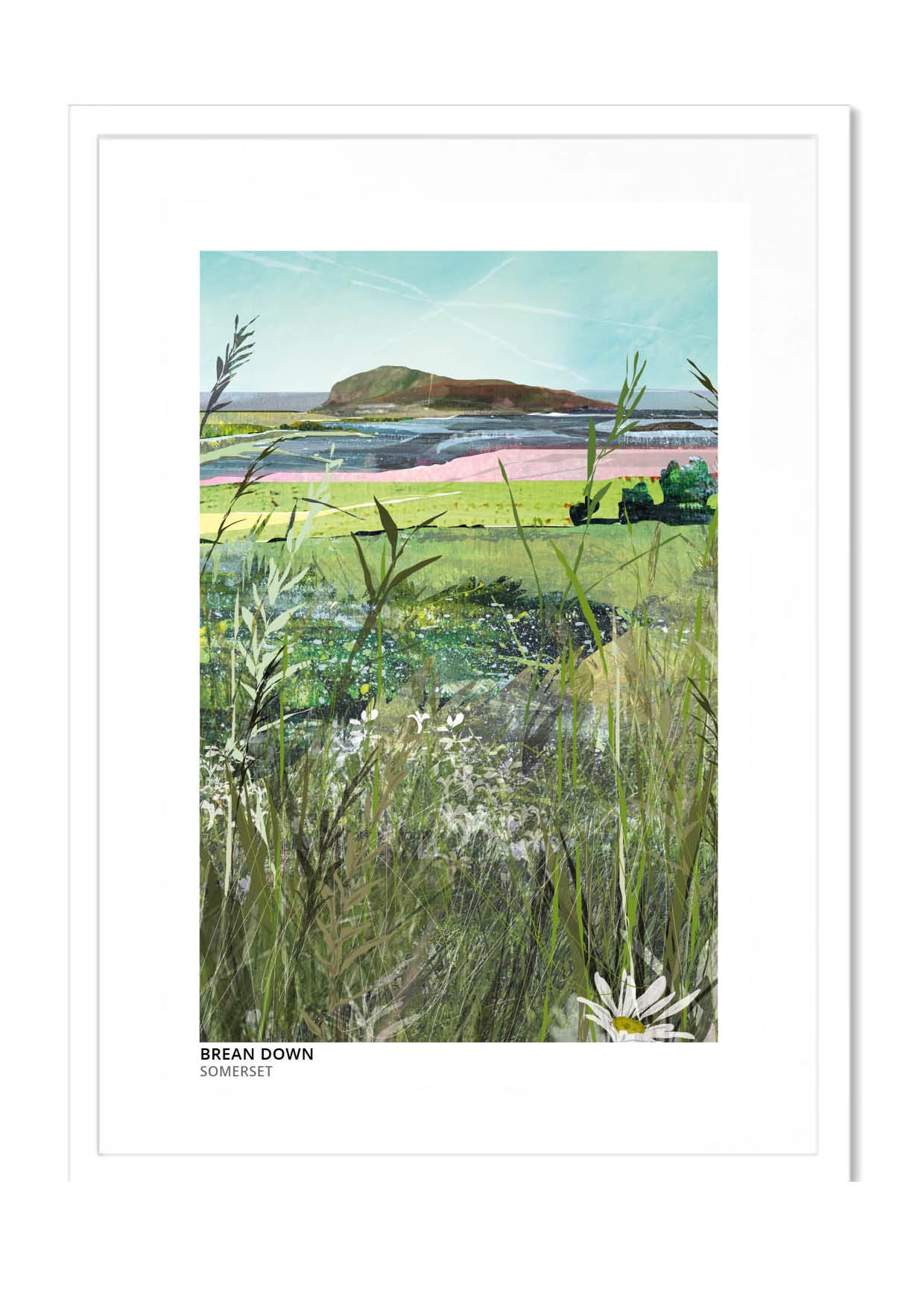 Brean Down art print by Vicki Shortt, the limestone headland reaching into the Bristol Channel in Somerset, in a white frame