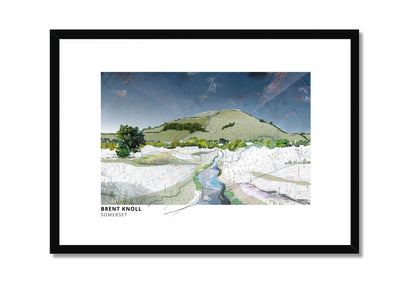 Brent Knoll art print by Vicki Shortt, the isolated hill rising from the Somerset Levels, in a black frame
