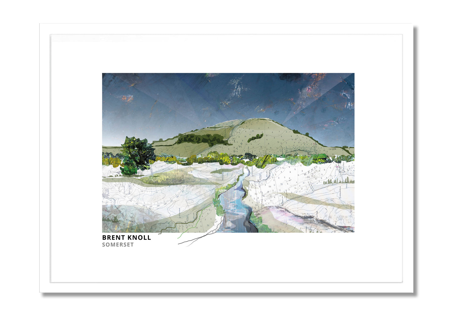 Brent Knoll art print by Vicki Shortt, the isolated hill rising from the Somerset Levels, in a white frame