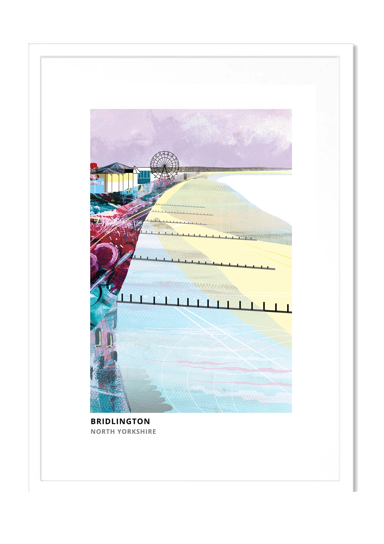 Bridlington art print by Vicki Shortt, the harbour and seafront at Bridlington, in a white frame