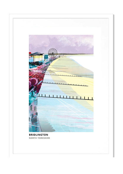 Bridlington art print by Vicki Shortt, the harbour and seafront at Bridlington, in a white frame