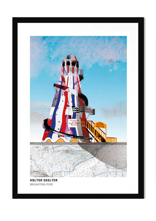 Brighton Pier Helter Skelter art print by Vicki Shortt, the helter skelter on Brighton Palace Pier, in a black frame