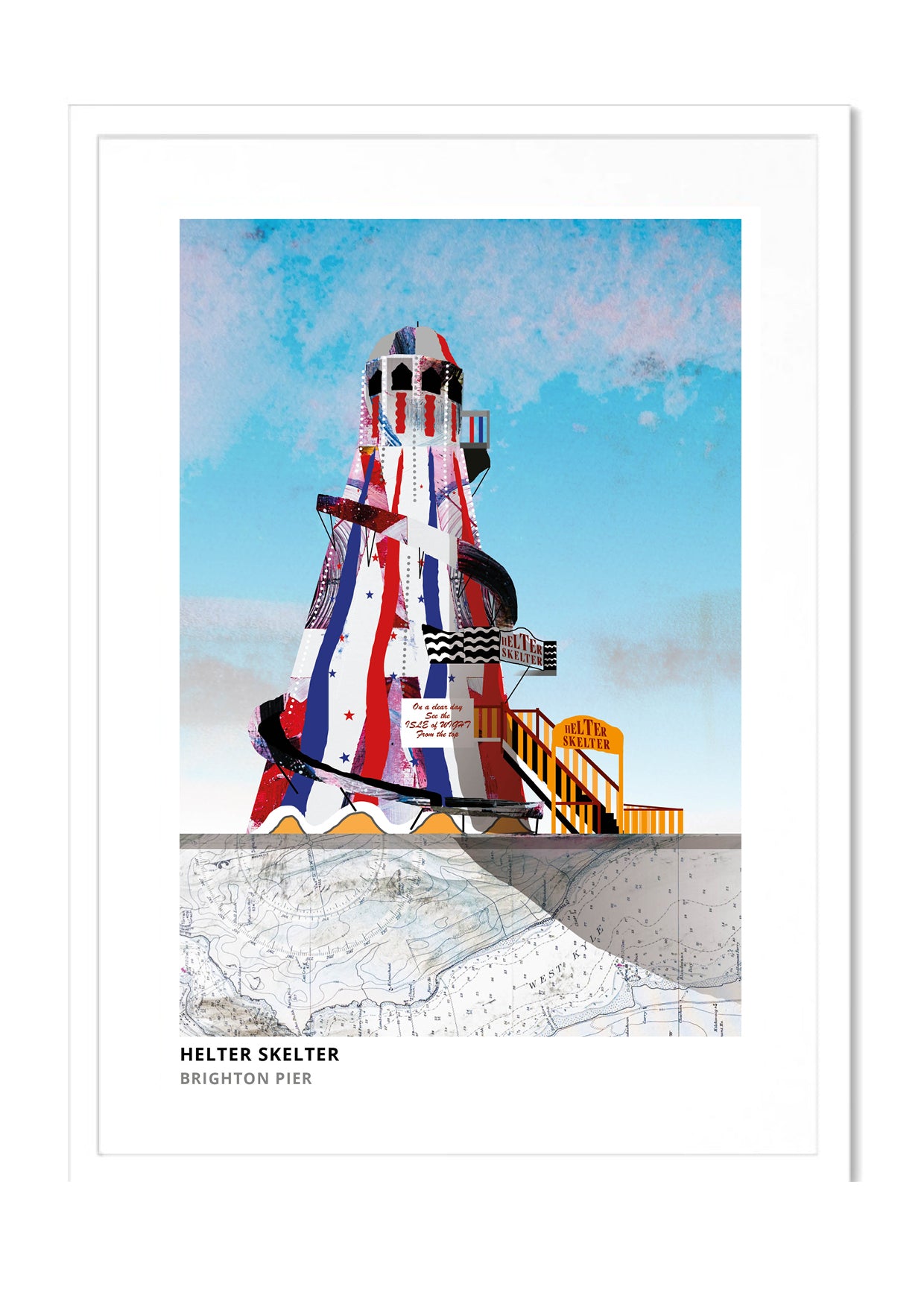 Brighton Pier Helter Skelter art print by Vicki Shortt, the helter skelter on Brighton Palace Pier, in a white frame