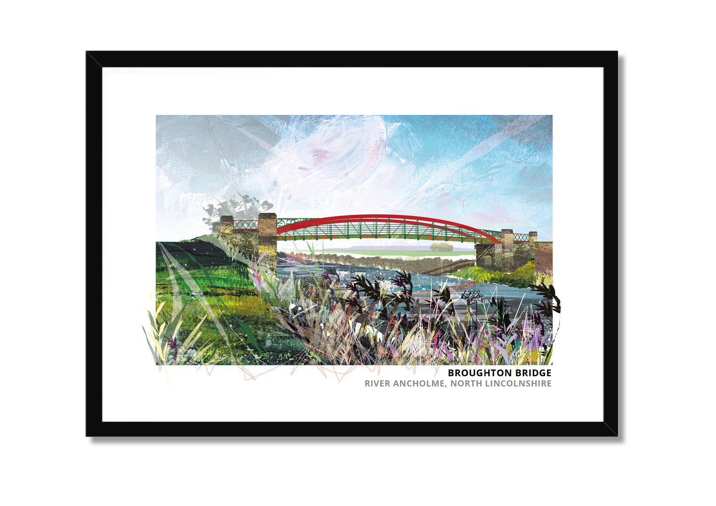 Broughton Bridge art print by Vicki Shortt, the bridge over the River Ancholme at Broughton, North Lincolnshire, in a black frame