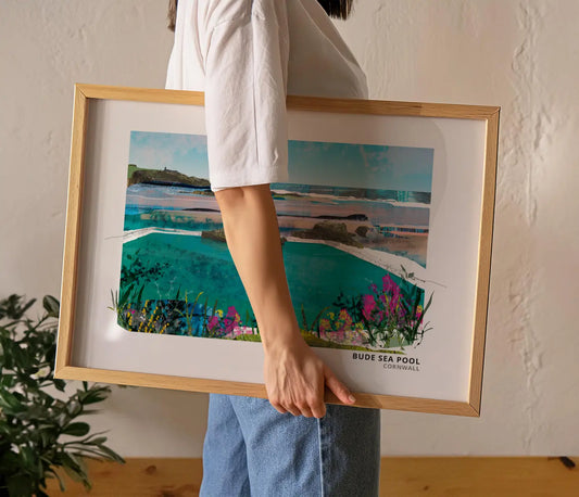 Bude Sea Pool art print by Vicki Shortt, the tidal sea pool on the rocks at Bude, Cornwall, framed in a room setting