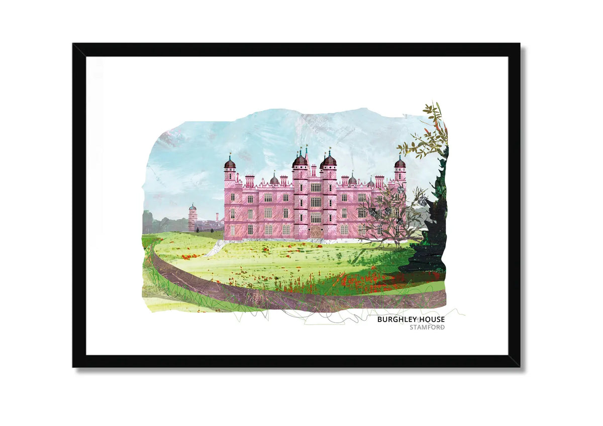 Burghley House art print by Vicki Shortt, the Elizabethan mansion on the edge of Stamford in winter light, in a black frame