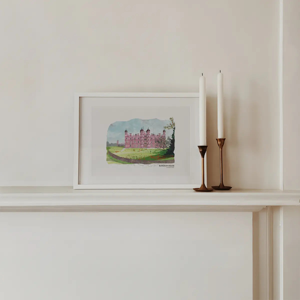 Burghley House art print by Vicki Shortt, the Elizabethan mansion on the edge of Stamford in winter light, framed in a room setting