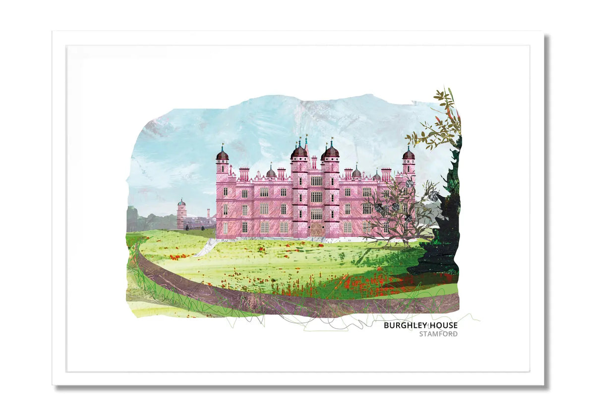 Burghley House art print by Vicki Shortt, the Elizabethan mansion on the edge of Stamford in winter light, in a white frame