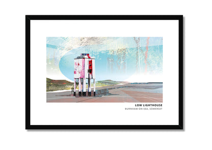 Burnham Lighthouse art print by Vicki Shortt, the wooden low lighthouse standing on the sands at Burnham-on-Sea, Somerset, in a black frame
