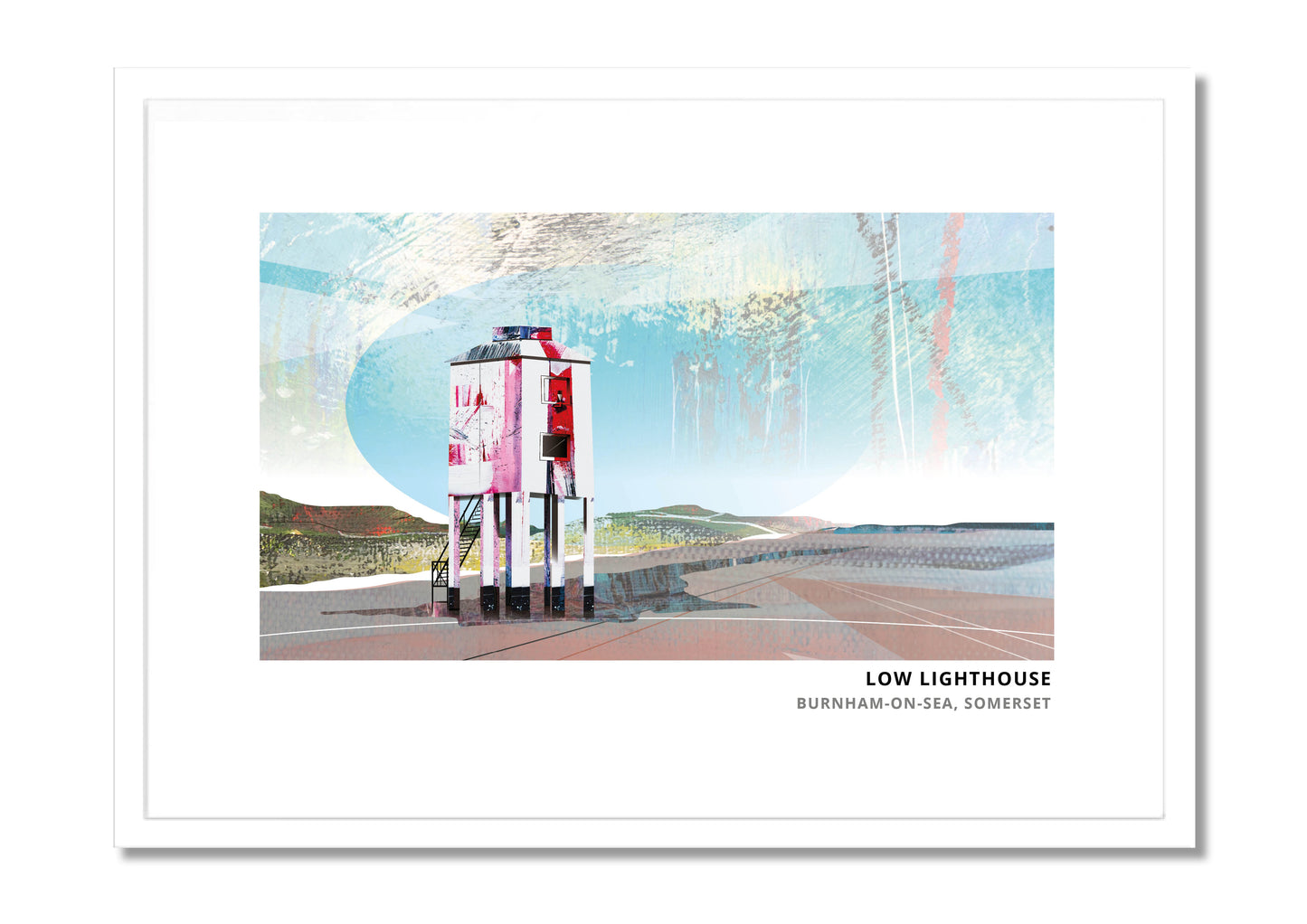 Burnham Lighthouse art print by Vicki Shortt, the wooden low lighthouse standing on the sands at Burnham-on-Sea, Somerset, in a white frame