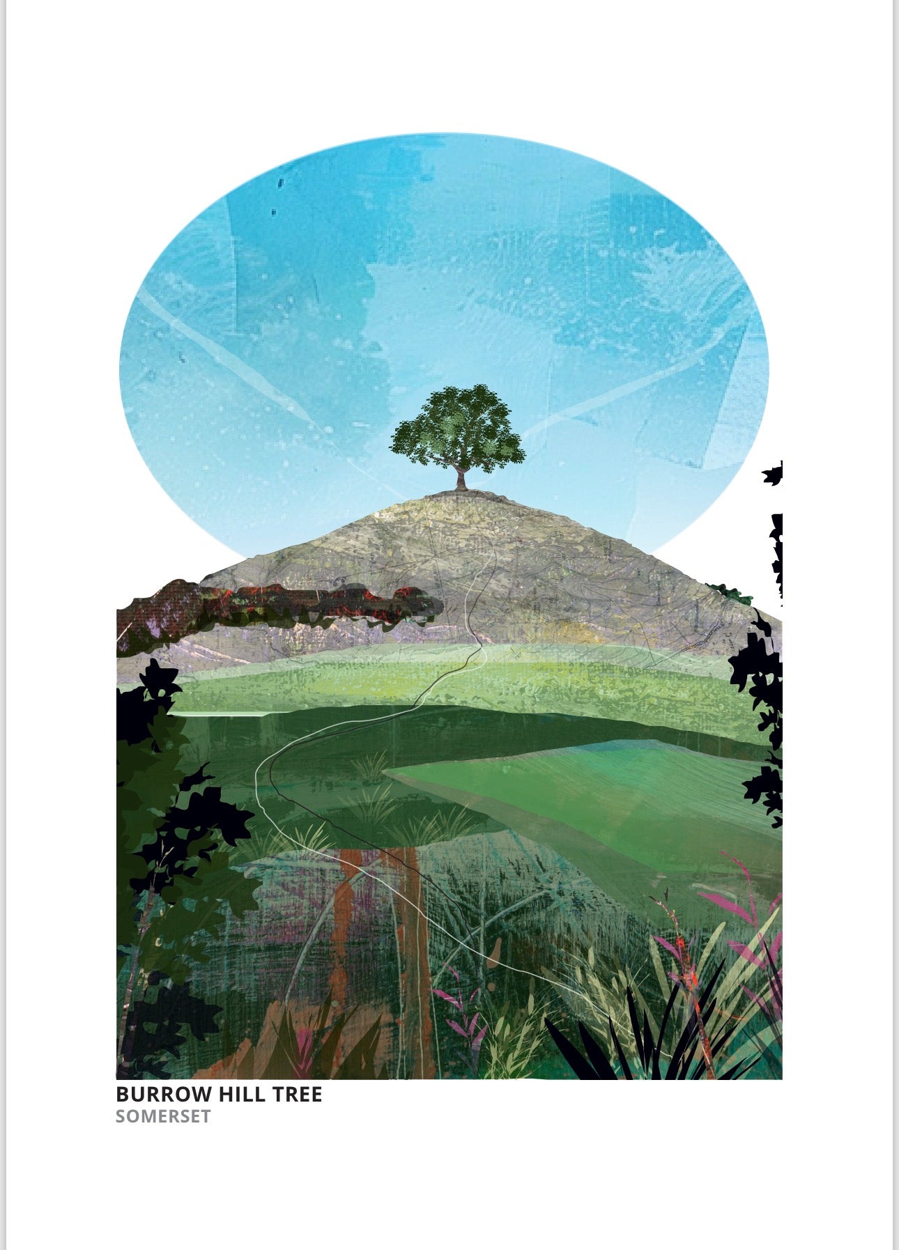 Burrow Hill Tree art print by Vicki Shortt, Greens colourway, the lone tree on the crown of Burrow Hill in Somerset