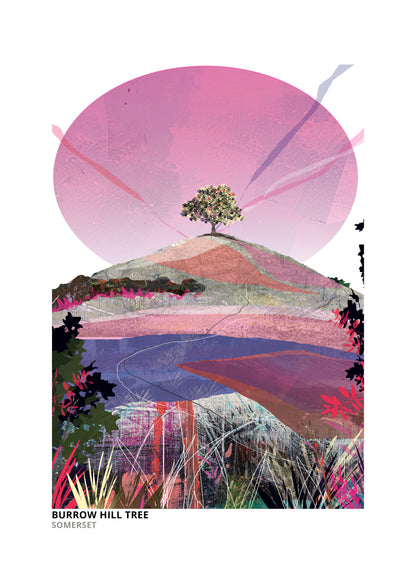 Burrow Hill Tree art print by Vicki Shortt, Pinks colourway, the lone tree on the crown of Burrow Hill in Somerset