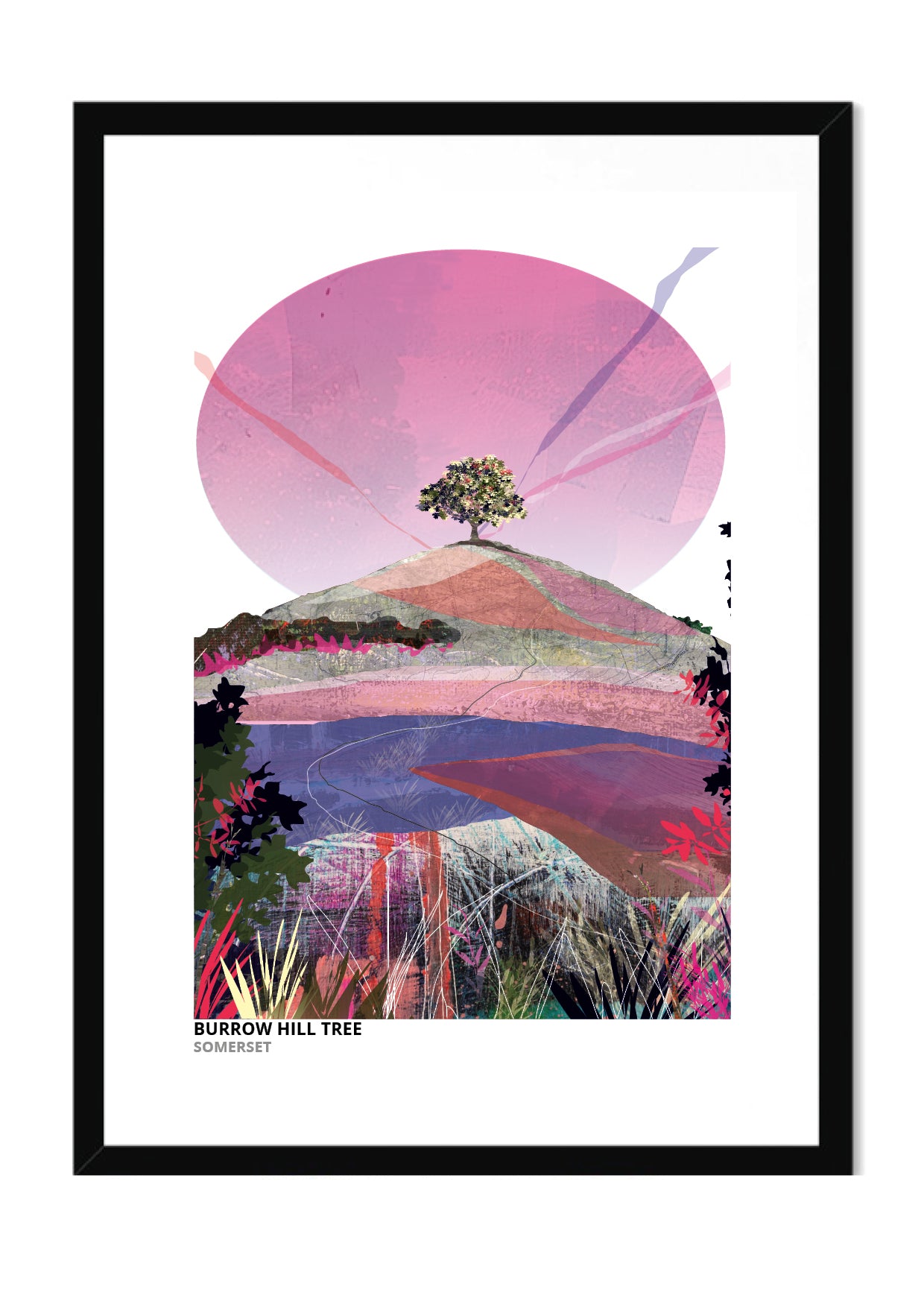 Burrow Hill Tree art print by Vicki Shortt, Pinks colourway, the lone tree on the crown of Burrow Hill in Somerset, in a black frame