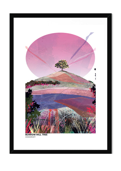 Burrow Hill Tree art print by Vicki Shortt, Pinks colourway, the lone tree on the crown of Burrow Hill in Somerset, in a black frame