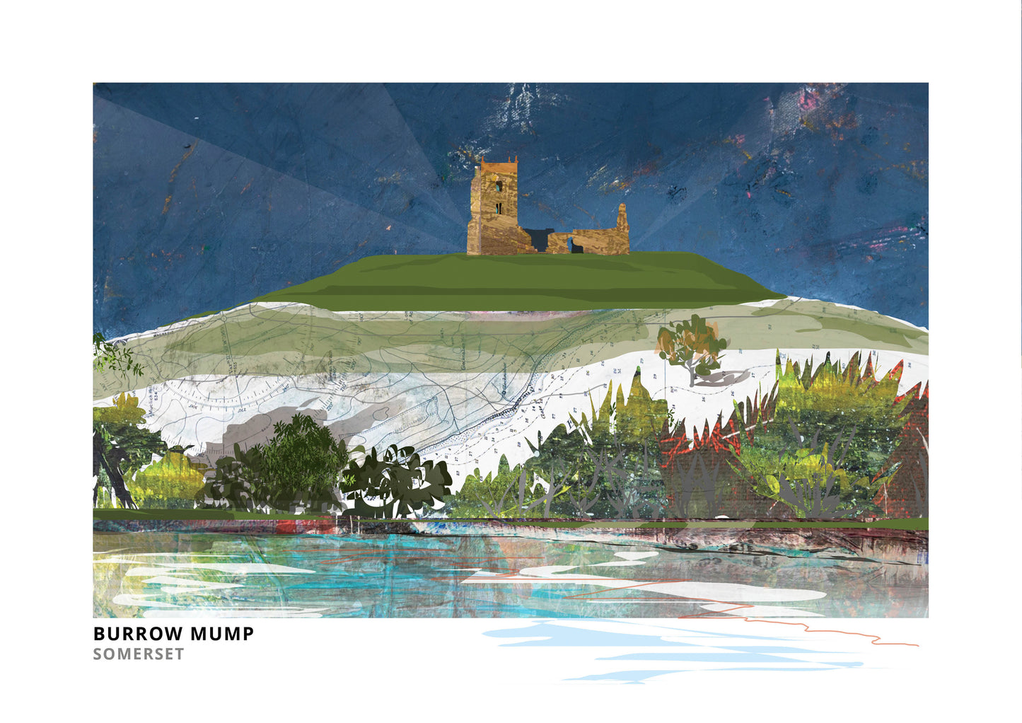 Burrow Mump art print by Vicki Shortt, the ruined church on its mound above the Somerset Levels