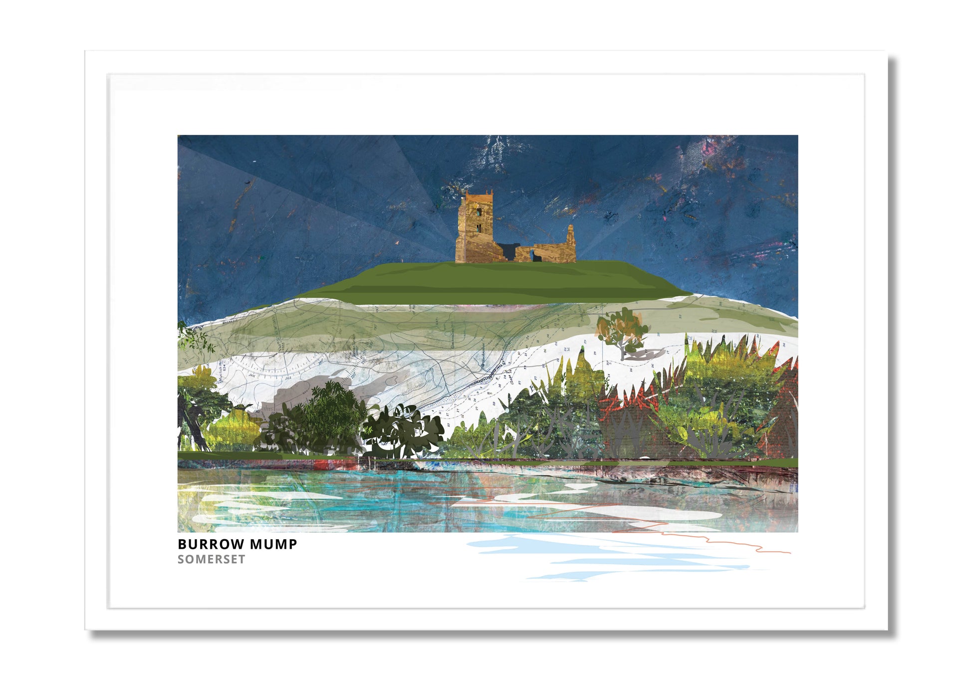 Burrow Mump art print by Vicki Shortt, the ruined church on its mound above the Somerset Levels, in a white frame