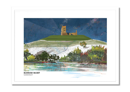 Burrow Mump art print by Vicki Shortt, the ruined church on its mound above the Somerset Levels, in a white frame