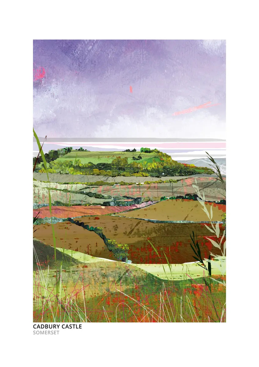 Cadbury Castle art print by Vicki Shortt, the wooded Iron Age hillfort rising above layered Somerset fields