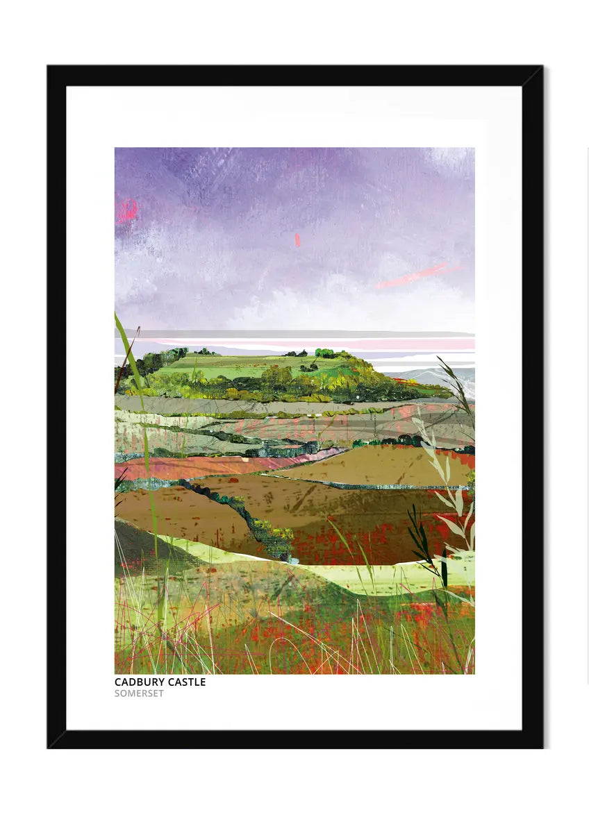 Cadbury Castle art print by Vicki Shortt, the wooded Iron Age hillfort rising above layered Somerset fields, in a black frame