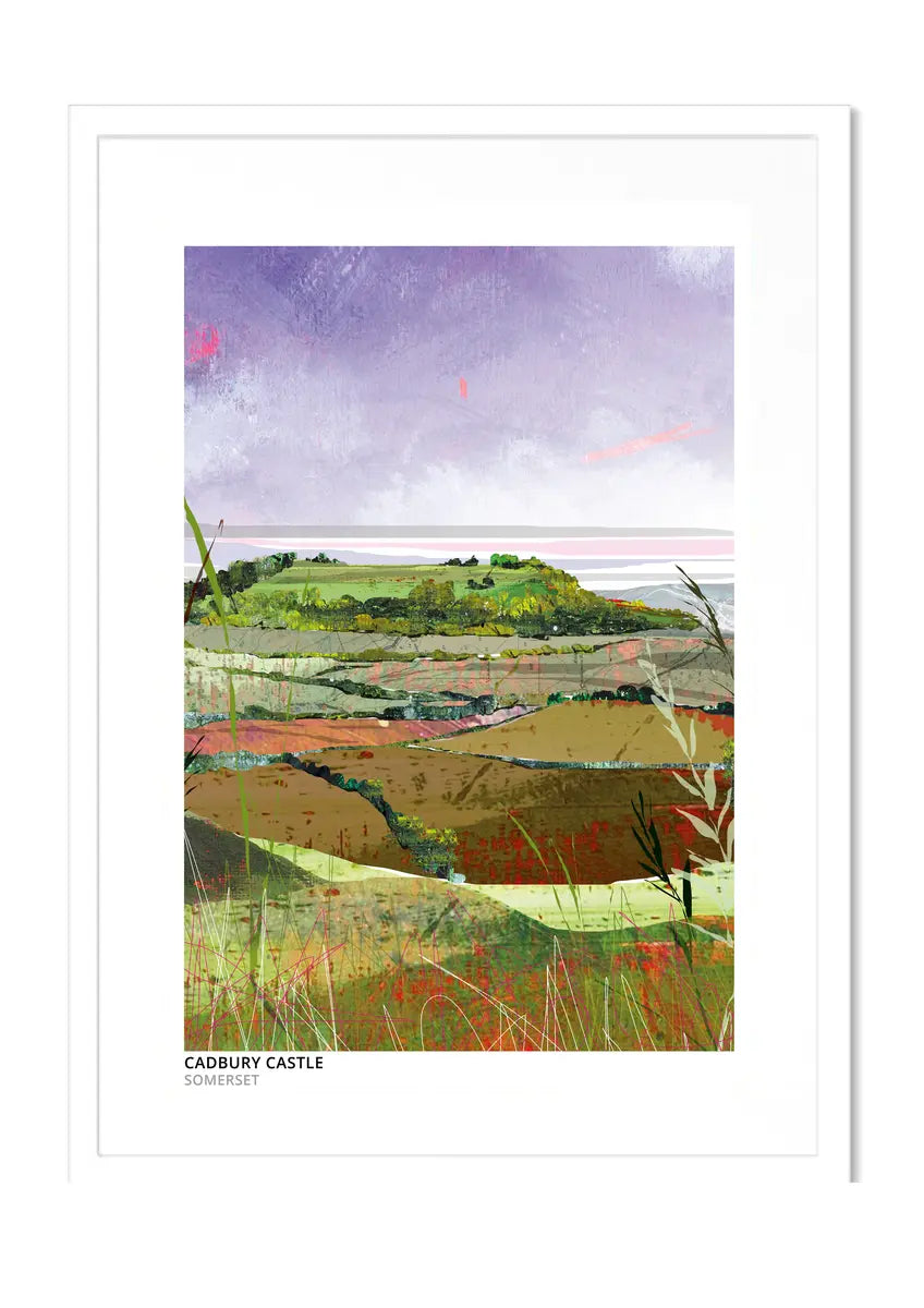 Cadbury Castle art print by Vicki Shortt, the wooded Iron Age hillfort rising above layered Somerset fields, in a white frame