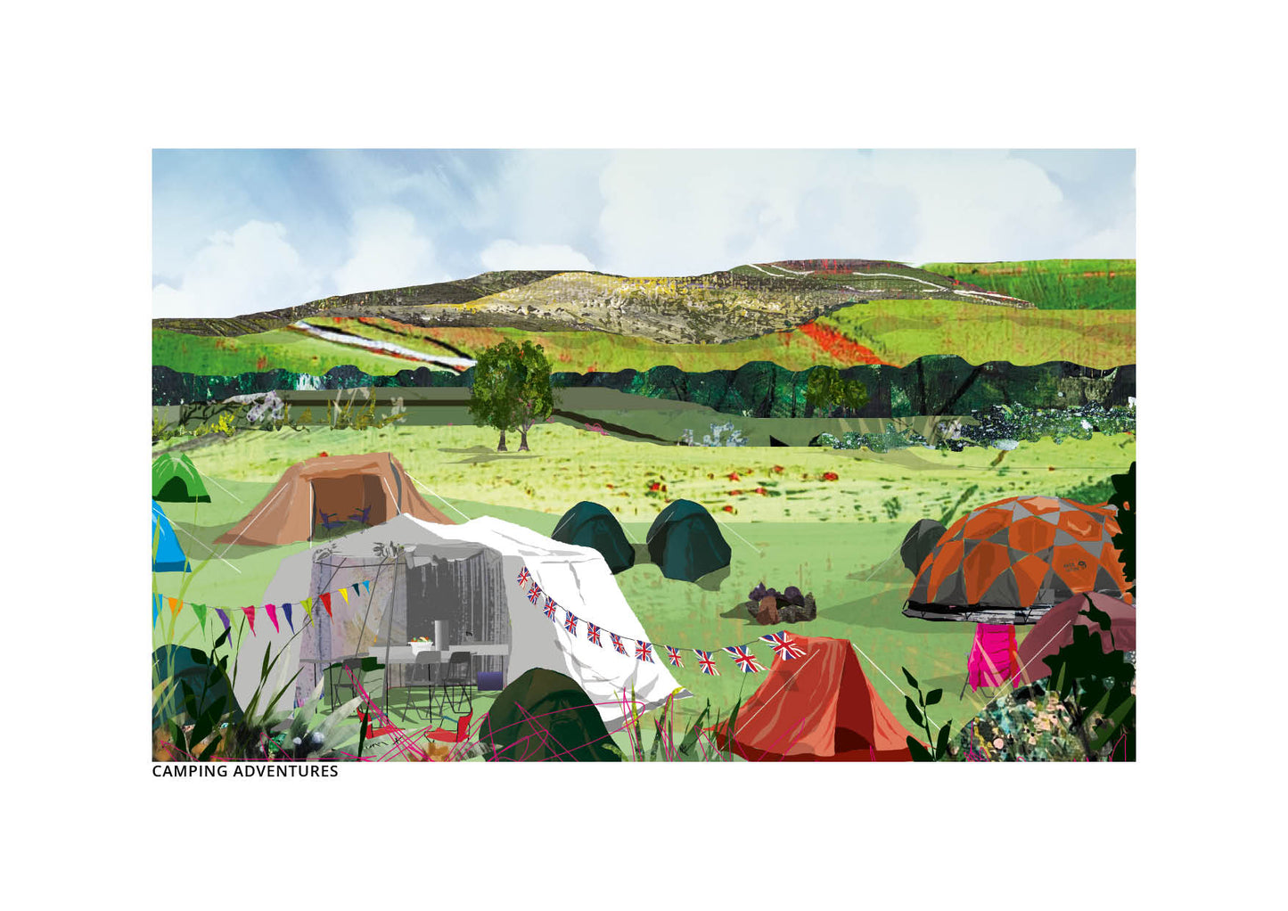 Camping Adventures art print by Vicki Shortt, an illustrated camping scene