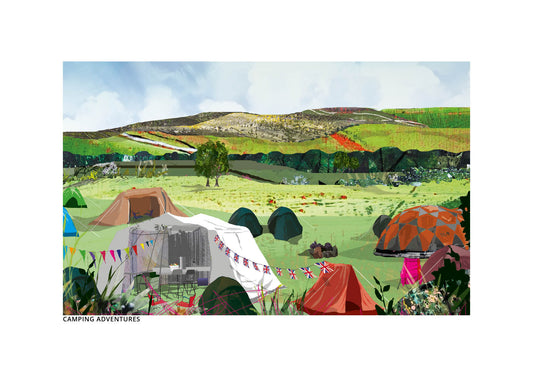 Camping Adventures art print by Vicki Shortt, an illustrated camping scene