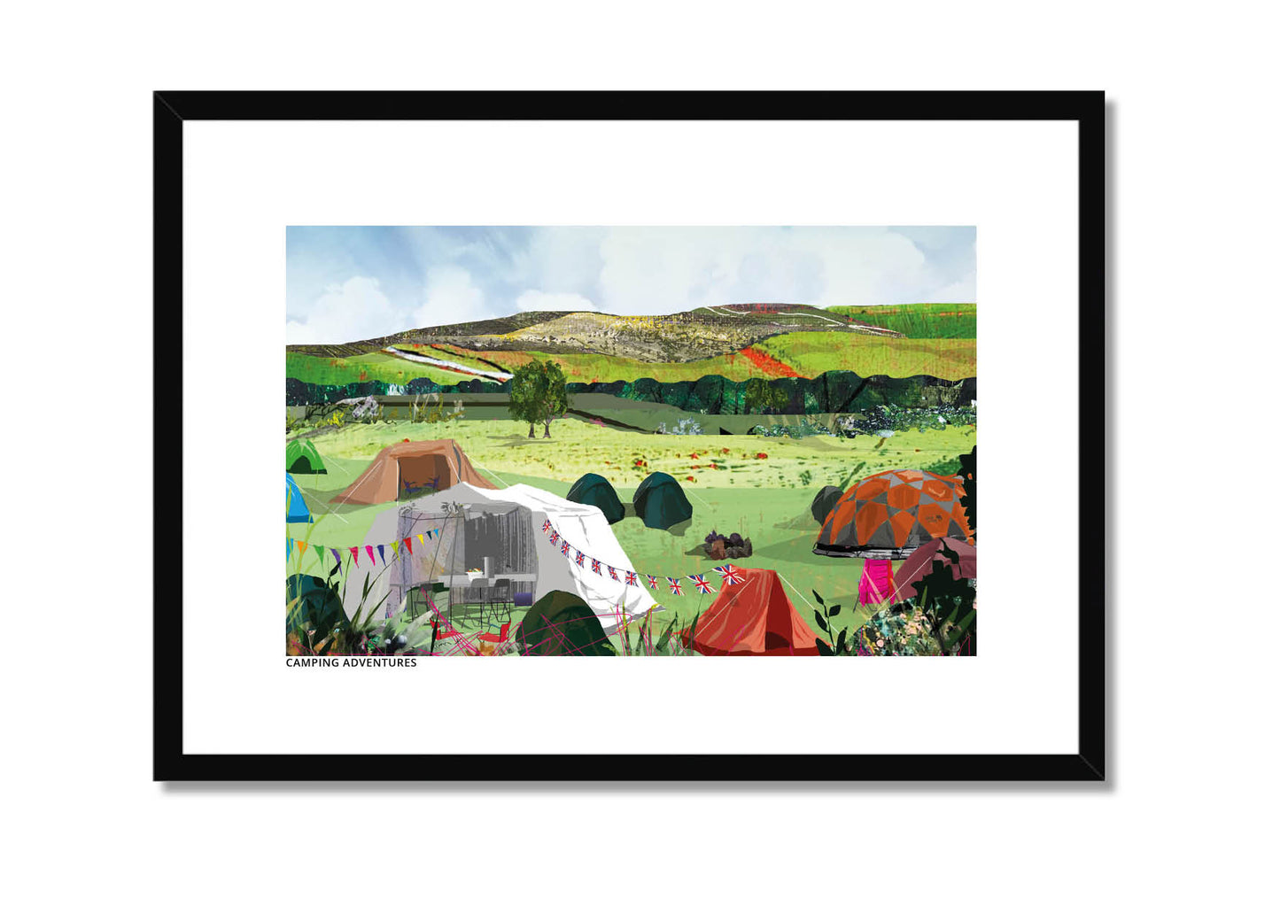 Camping Adventures art print by Vicki Shortt, an illustrated camping scene, in a black frame