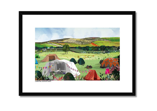 Camping Adventures art print by Vicki Shortt, an illustrated camping scene, in a black frame