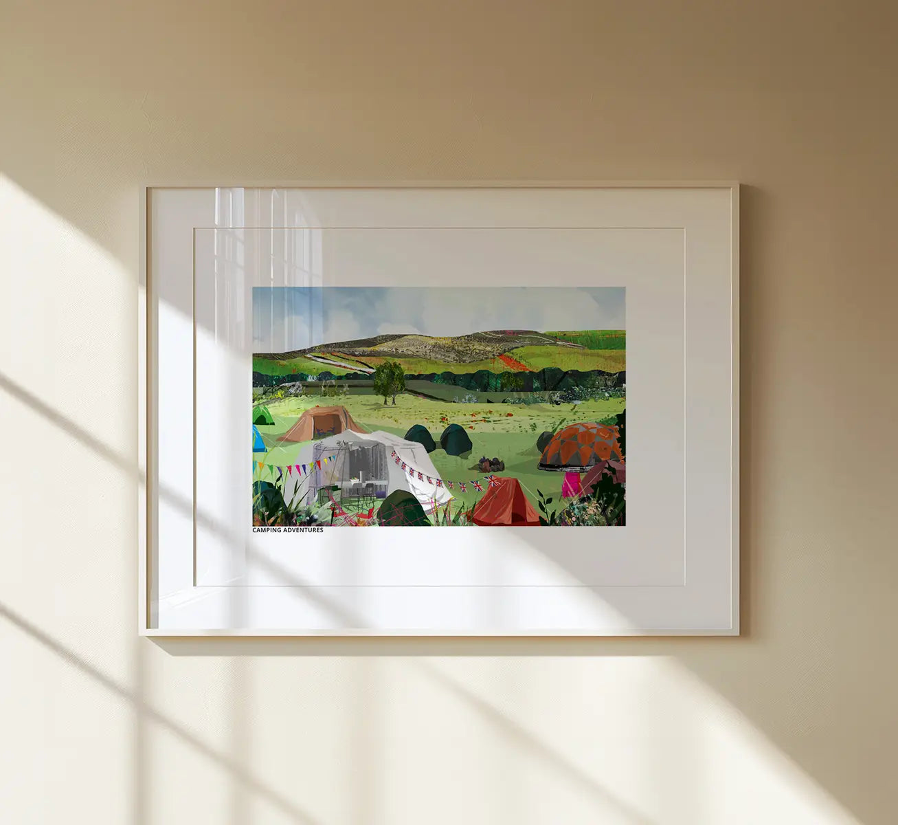 Camping Adventures art print by Vicki Shortt, an illustrated camping scene, framed in a room setting