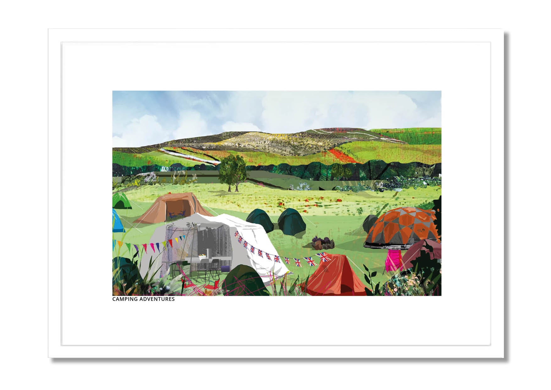 Camping Adventures art print by Vicki Shortt, an illustrated camping scene, in a white frame
