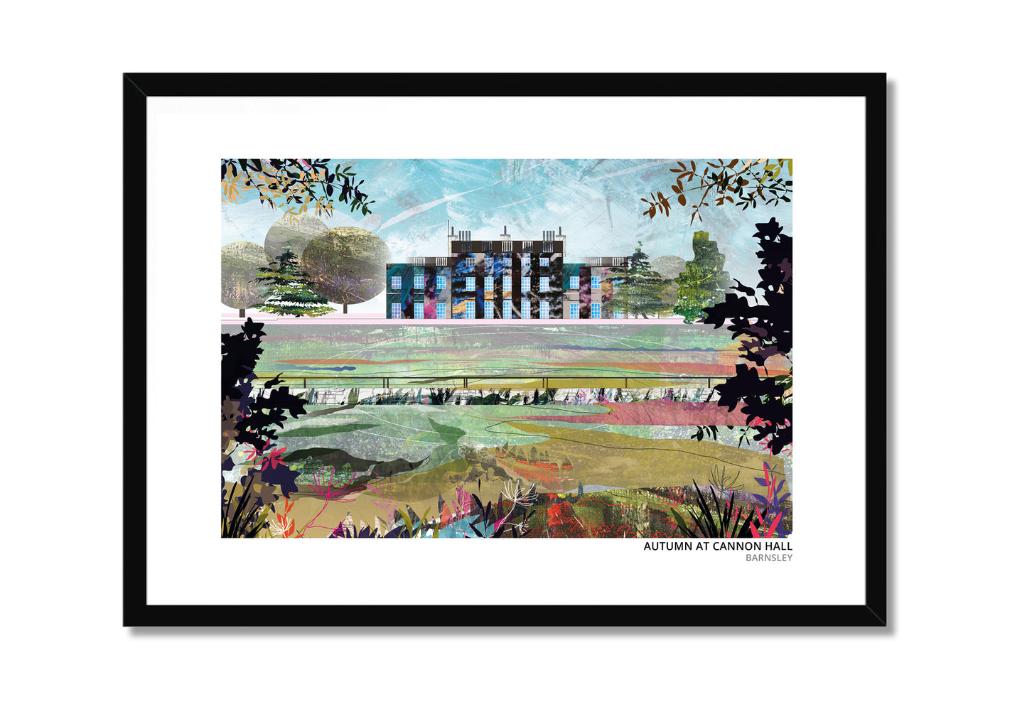 Cannon Hall, Barnsley art print by Vicki Shortt, autumn design, the country house and its parkland, in a black frame