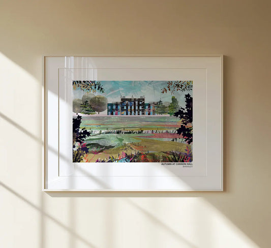 Cannon Hall, Barnsley art print by Vicki Shortt, the country house and its parkland, autumn design, framed in a room setting