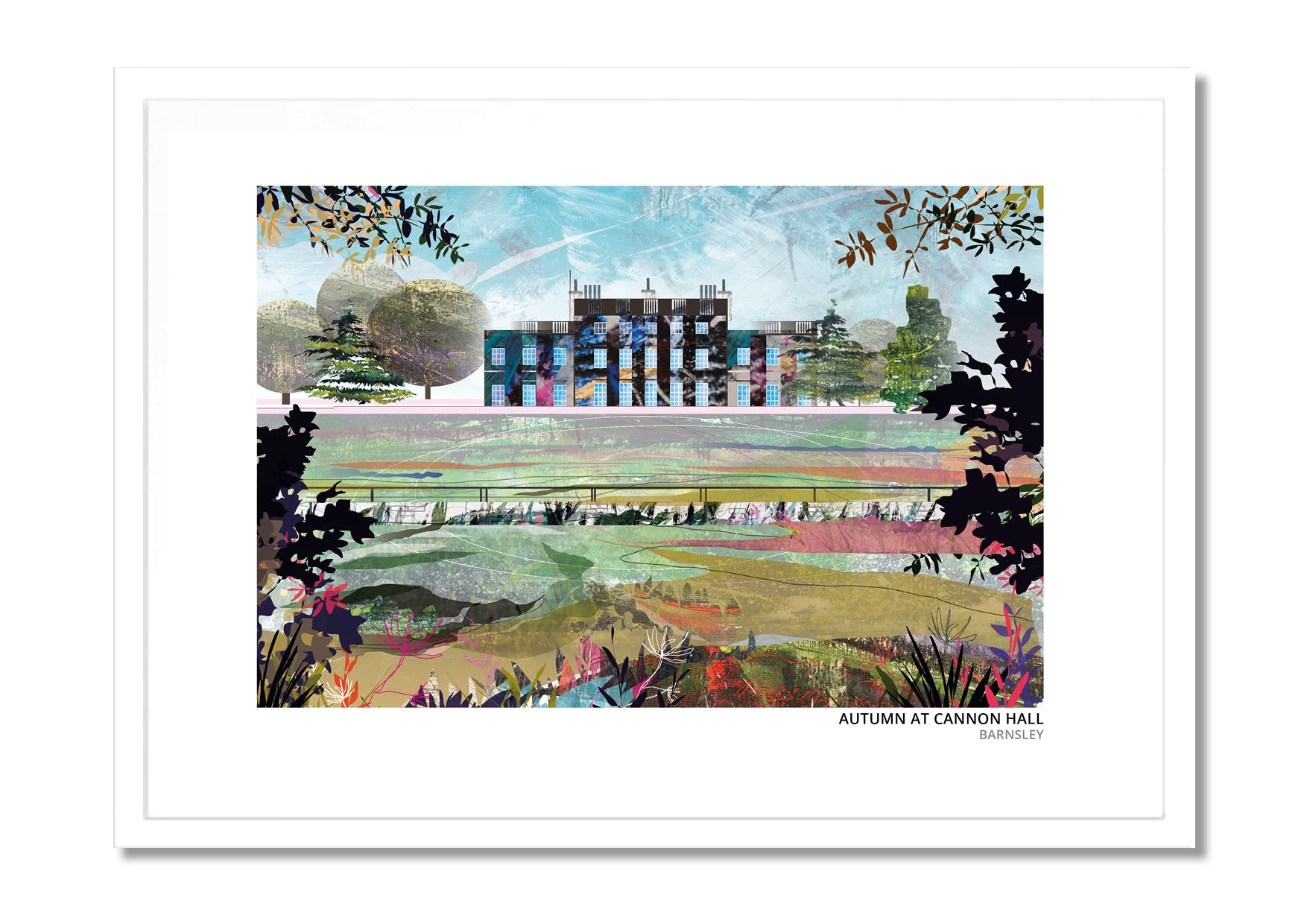 Cannon Hall, Barnsley art print by Vicki Shortt, autumn design, the country house and its parkland, in a white frame