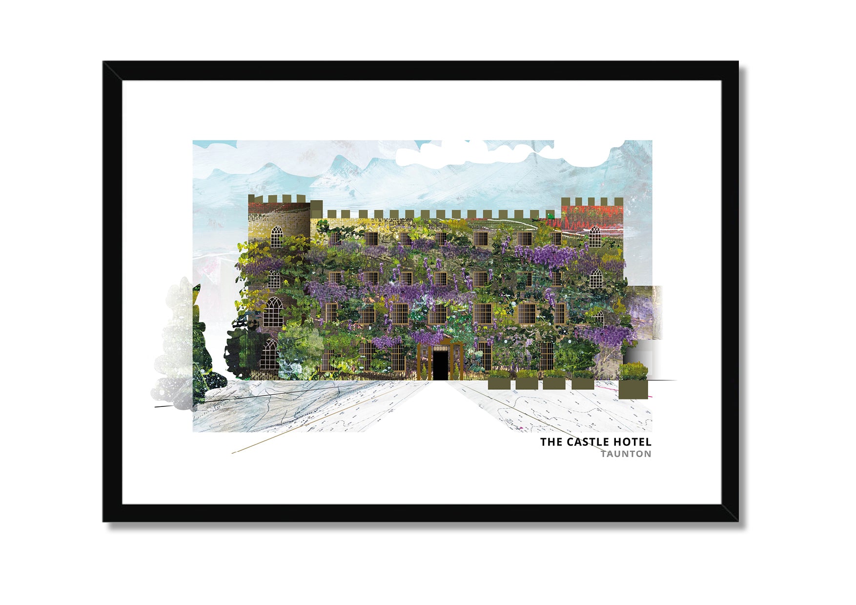 Castle Hotel, Taunton art print by Vicki Shortt, the wisteria-clad hotel in the town centre, in a black frame