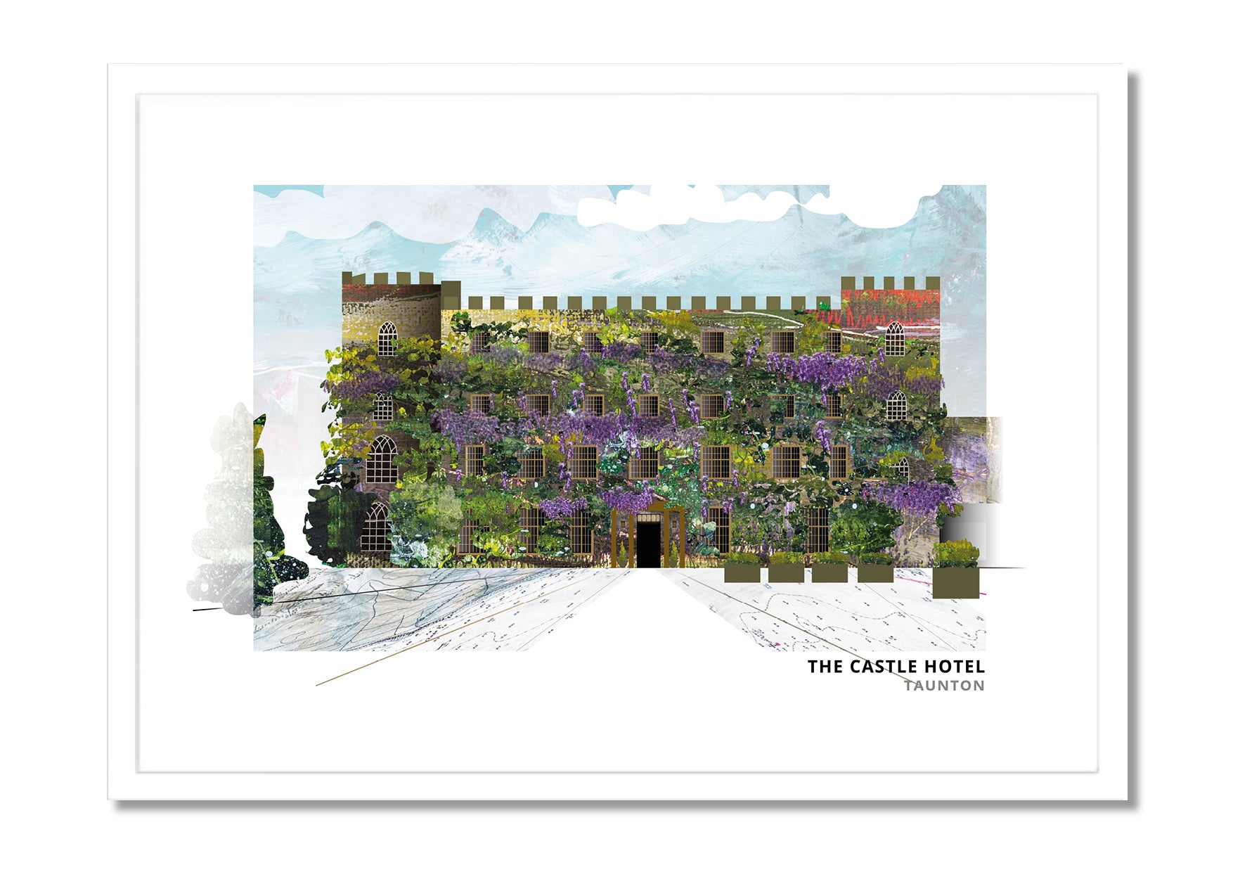 Castle Hotel, Taunton art print by Vicki Shortt, the wisteria-clad hotel in the town centre, in a white frame