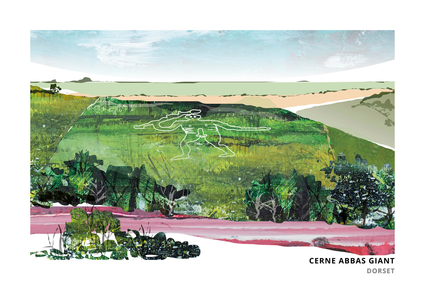 Cerne Abbas Giant art print by Vicki Shortt, the chalk hill figure above Cerne Abbas, Dorset