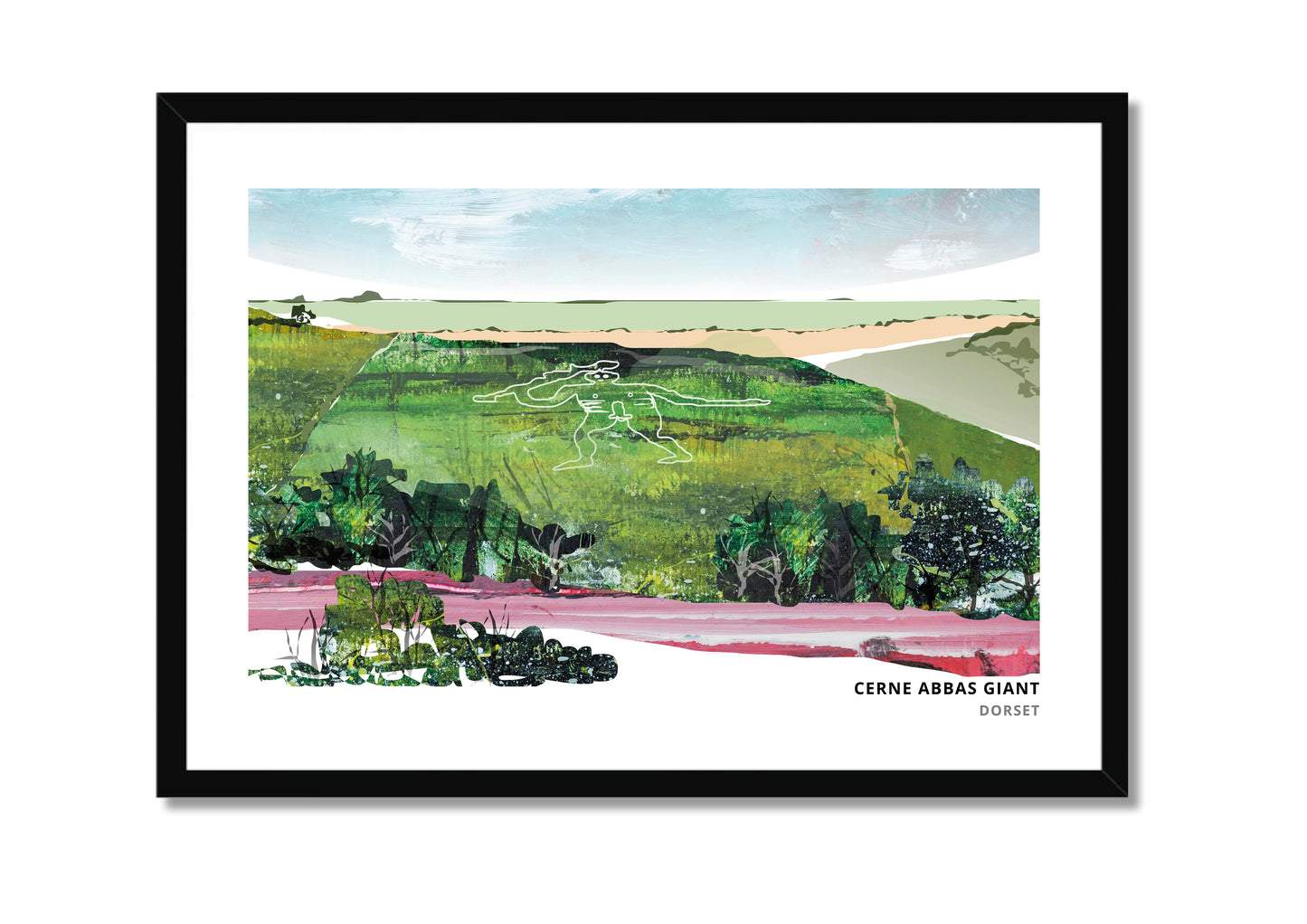 Cerne Abbas Giant art print by Vicki Shortt, the chalk hill figure above Cerne Abbas, Dorset, in a black frame