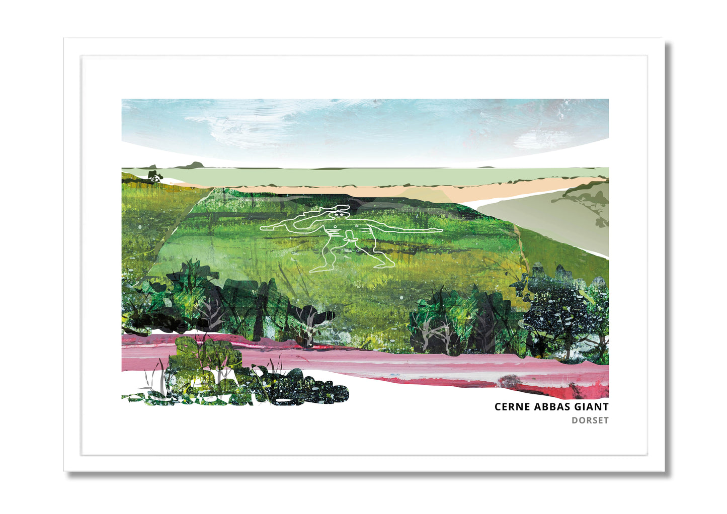 Cerne Abbas Giant art print by Vicki Shortt, the chalk hill figure above Cerne Abbas, Dorset, in a white frame