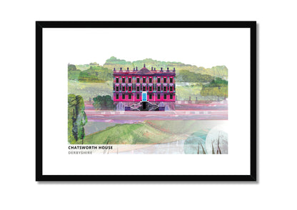 Chatsworth House art print by Vicki Shortt, the Derbyshire seat of the Dukes of Devonshire in its parkland, in a black frame