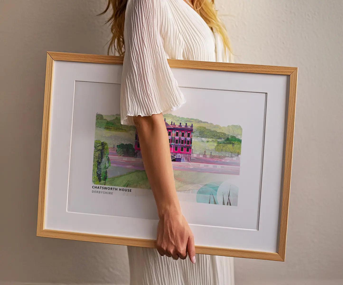 Chatsworth House art print by Vicki Shortt, the Derbyshire seat of the Dukes of Devonshire in its parkland, framed in a room setting