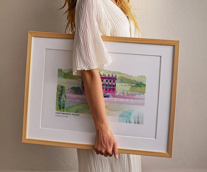 Chatsworth House art print by Vicki Shortt, the Derbyshire seat of the Dukes of Devonshire in its parkland, framed in a room setting