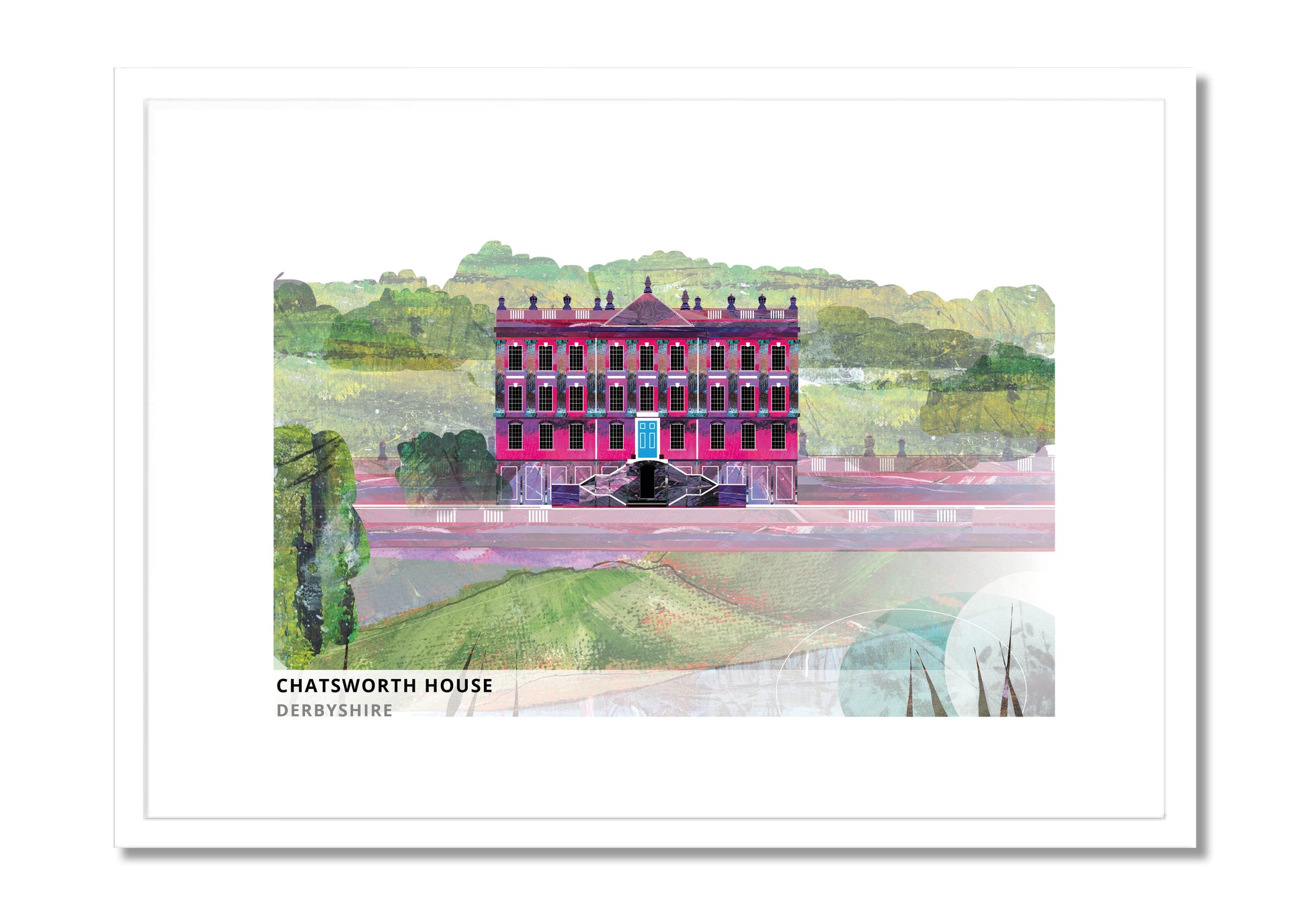 Chatsworth House art print by Vicki Shortt, the Derbyshire seat of the Dukes of Devonshire in its parkland, in a white frame