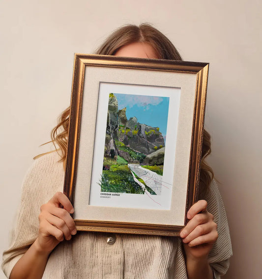 Cheddar Gorge art print by Vicki Shortt, the limestone gorge cutting through the Mendips, Somerset, framed in a room setting