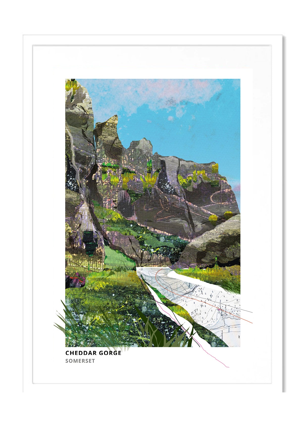 Cheddar Gorge art print by Vicki Shortt, the limestone gorge cutting through the Mendips, Somerset, in a white frame