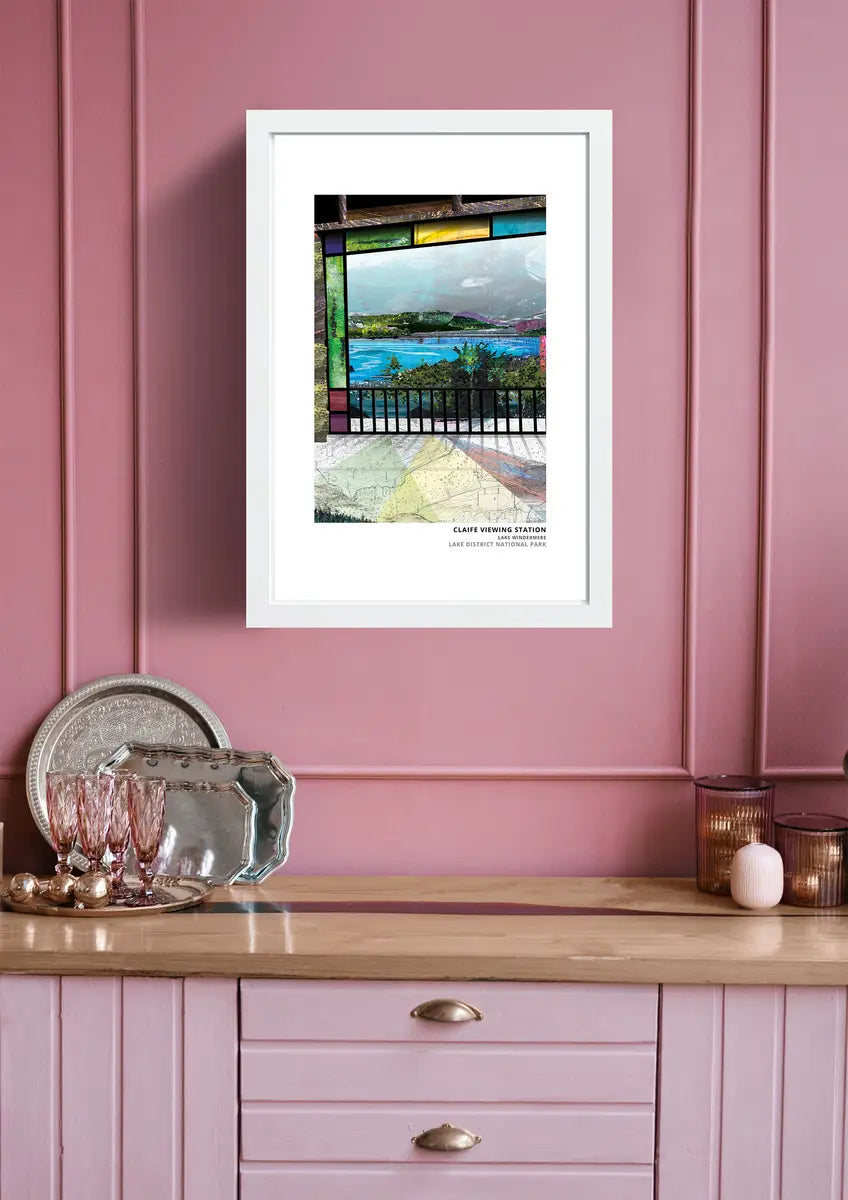 Claife Viewing Station art print by Vicki Shortt, the restored viewing station above Lake Windermere, Cumbria, framed in a room setting