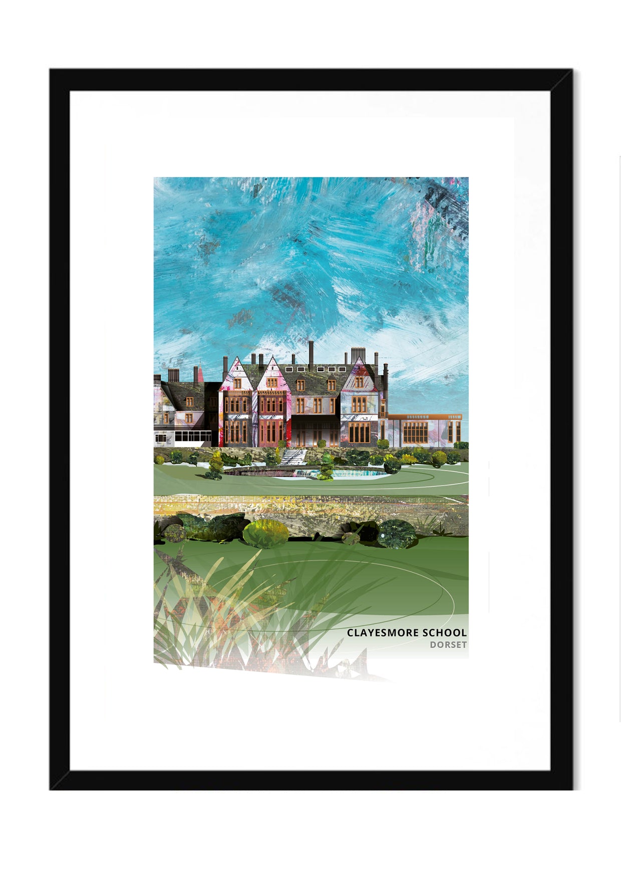 Clayesmore School art print by Vicki Shortt, the school at Iwerne Minster, Dorset, in a black frame
